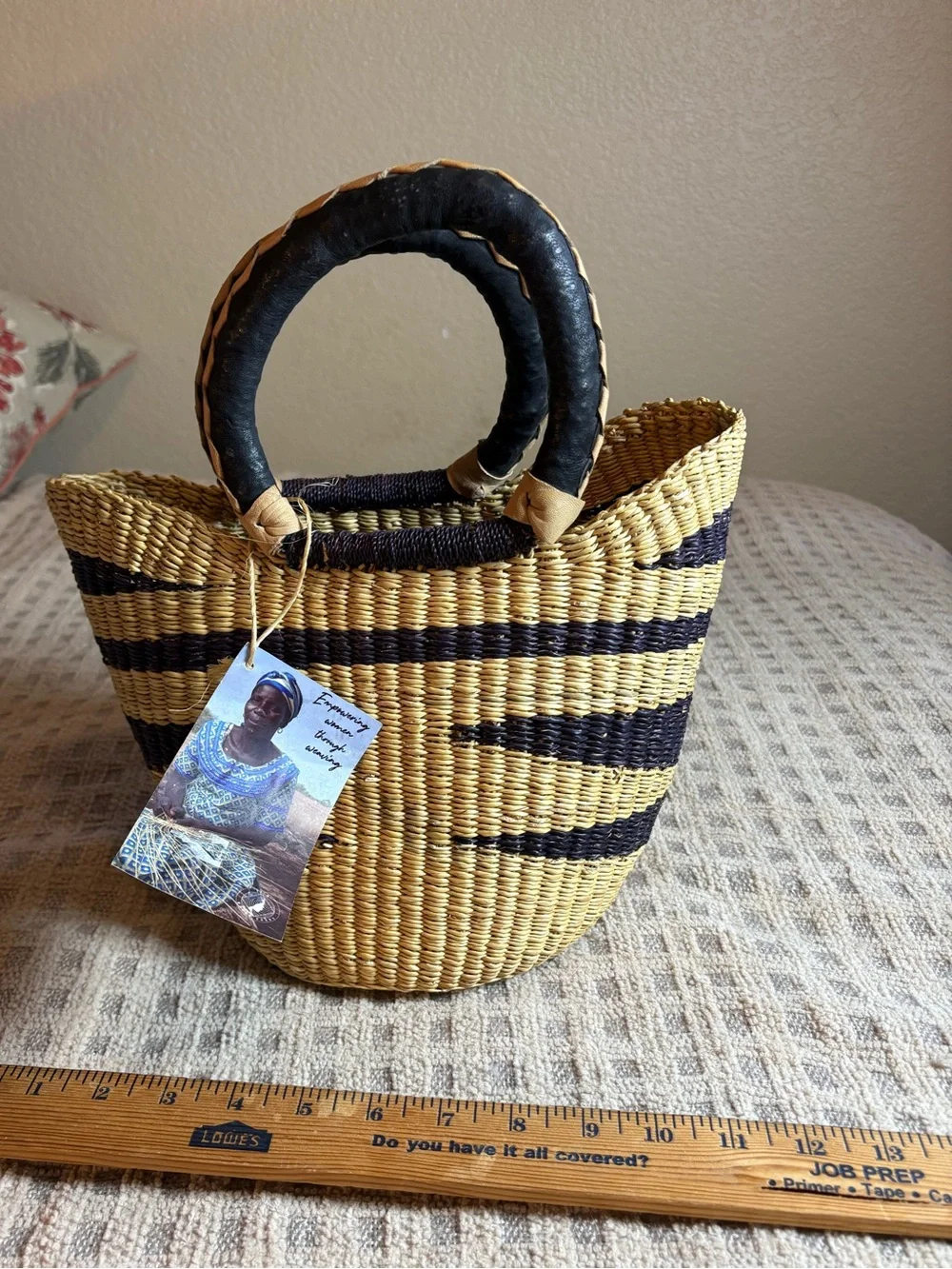 Handwoven Straw Tote Bag with Black Accent Handles